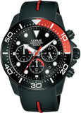 Lorus Mens Sports Chronograph Dated Black Dial Black Rubber Strap Watch RT347JX9