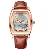 Longbo Mens Automatic Hollow mechanical Dial Analogue Rose/Brown Leather Strap Watch