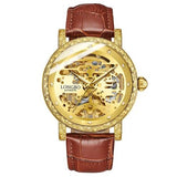 Longbo Mens Automatic Hollow mechanical Dial Analogue Gold/Brown Leather Strap Watch