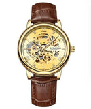 Longbo Mens Automatic Hollow mechanical Dial Analogue Gold/Brown Leather Strap Watch