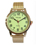 Pelex Mens Big number Gold Case Night Glow Dial Gold Bracelet Strap Quartz Watch