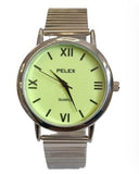 Pelex Mens Big Roman number Silver Case Night Glow Dial Silver Bracelet Strap Quartz Watch