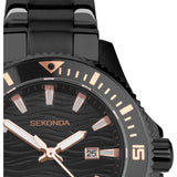 Sekonda Ladies Fashion Pacific Wave Dated RoseGold Number Black Dial Black stainless steel Bracelet Watch 40573