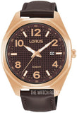 Lorus Mens Brown Dial Quartz Dated Dial Rose Gold Case Brown Leather Strap Watch RH972NX9