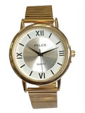 Pelex Mens Big Roman number Gold Case White Dial Gold Bracelet Strap Quartz Watch