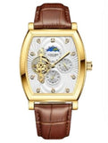 Longbo Mens Automatic Hollow mechanical Dial Analogue Gold/Brown Leather Strap Watch