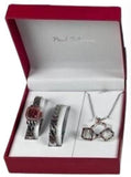 Paul Salatini Ladies Bling Red Dial Silver Barcelet Watch Gift Sets 8085R