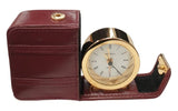 Miniature Clock Travel Alarm Goldtone Clock folds away into Leather bag  IMP610 - CLEARANCE NEEDS RE-BATTERY